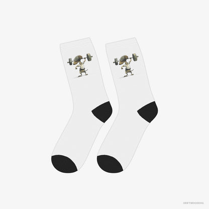 Dachshund Socks – Unisex White Socks Classic – Deadlifting in a Gym (on White Background)