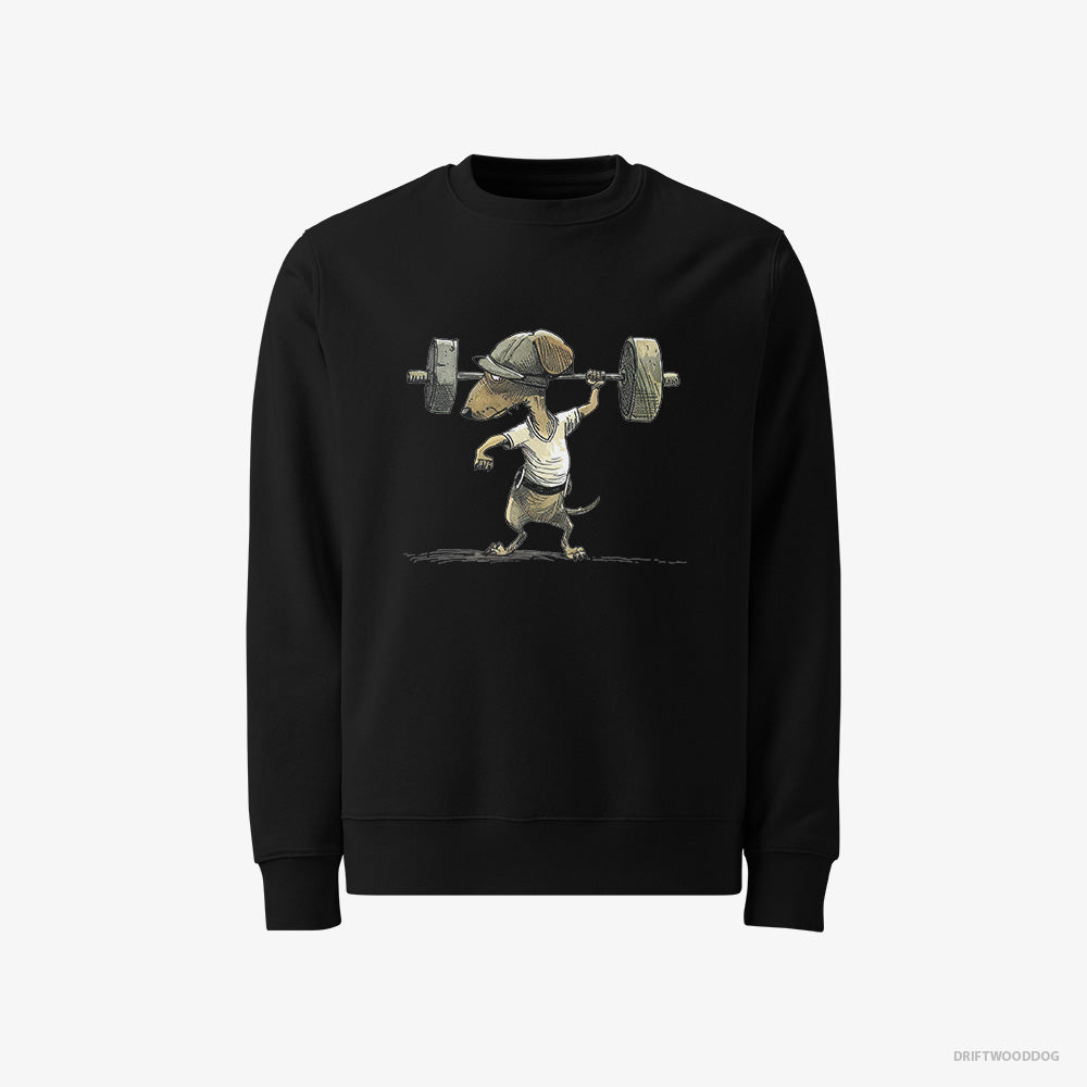 Dachshund Sweatshirt – Men Black Sweatshirt Classic – Deadlifting in a Gym (on White Background)