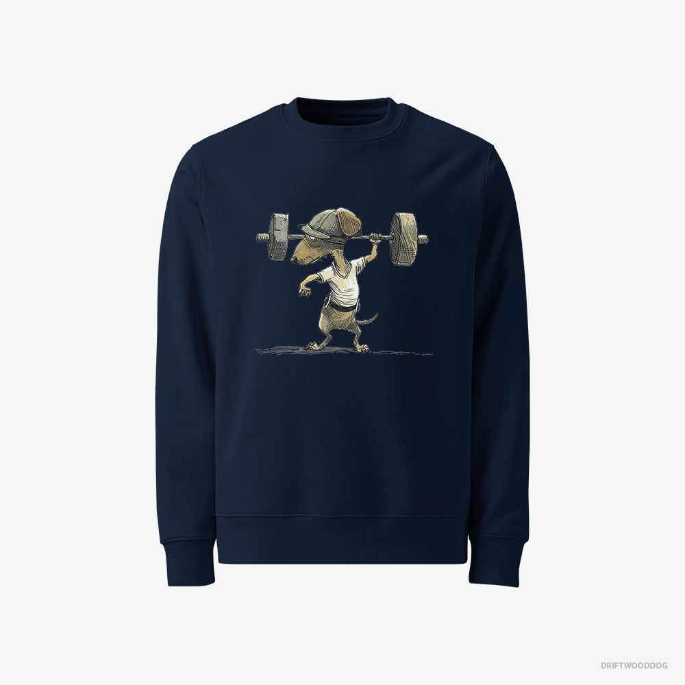 Dachshund Sweatshirt – Men Navy Sweatshirt Classic – Deadlifting in a Gym (on White Background)