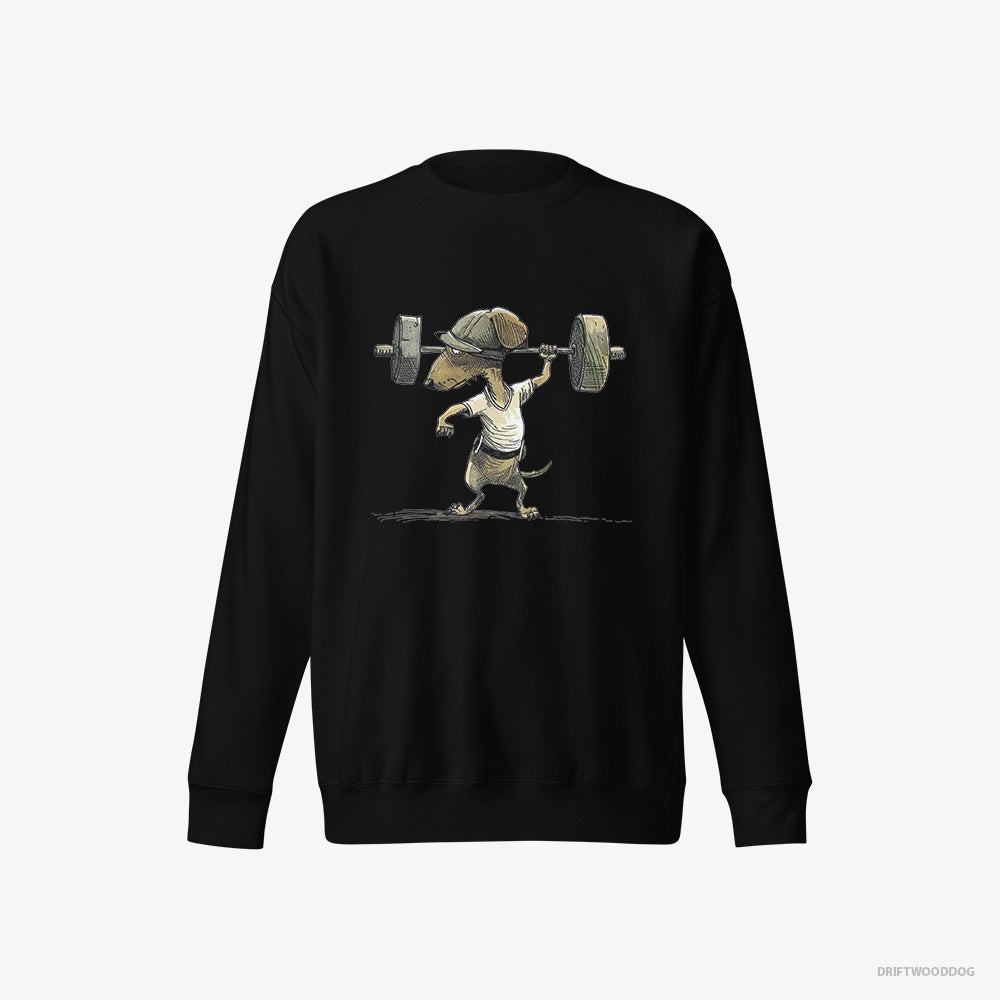 Dachshund Sweatshirt – Women Black Sweatshirt Eco-Friendly – Deadlifting in a Gym (on White Background)