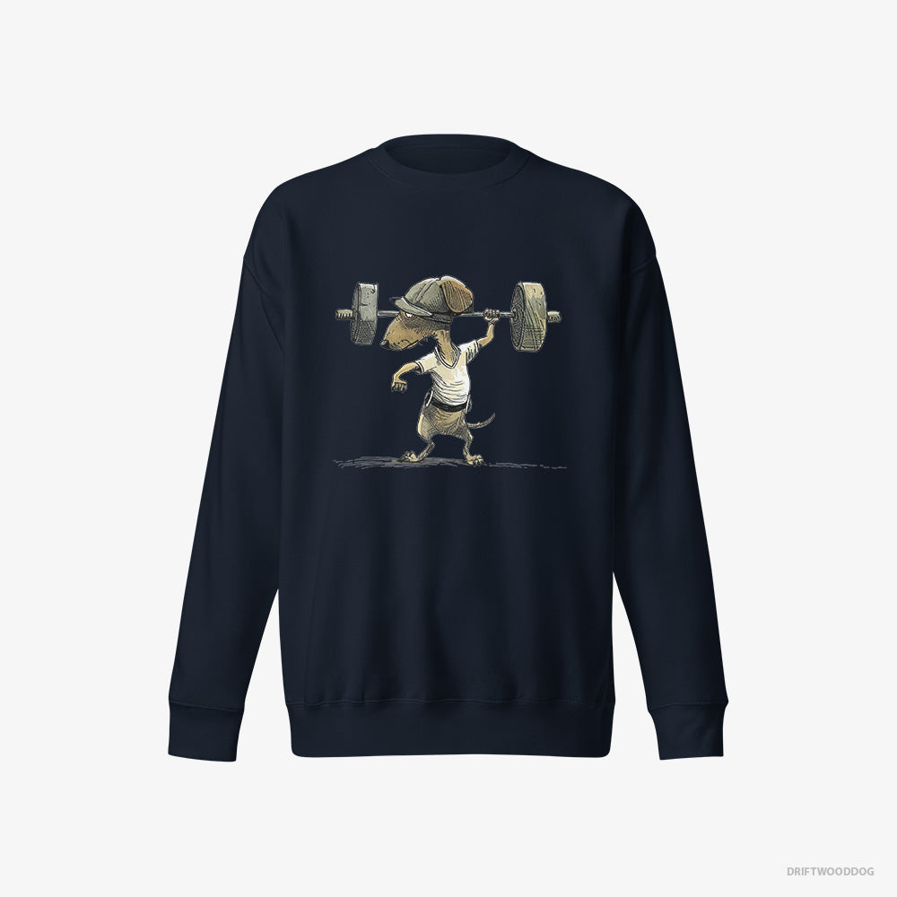 Dachshund Sweatshirt – Women Navy Sweatshirt Eco-Friendly – Deadlifting in a Gym (on White Background)