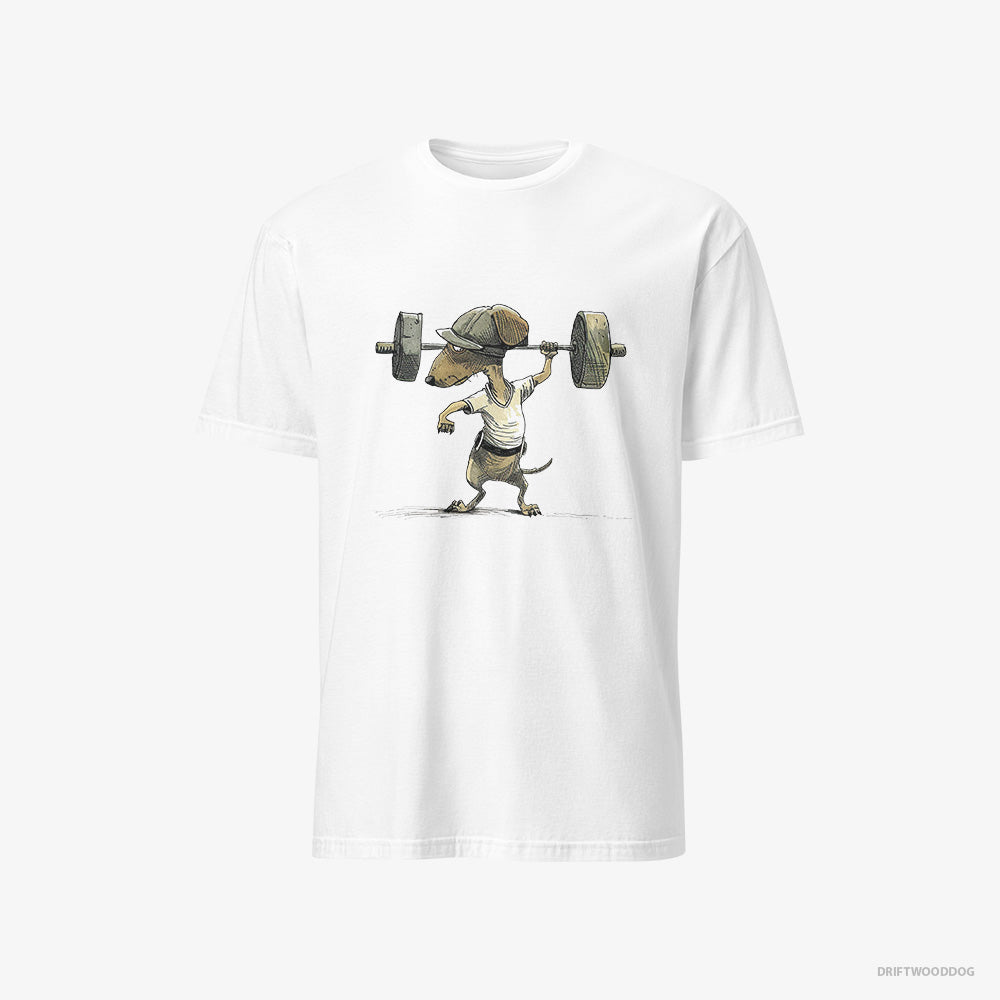 Dachshund T-Shirt – Men White T-Shirt Classic – Deadlifting in a Gym (on White Background)