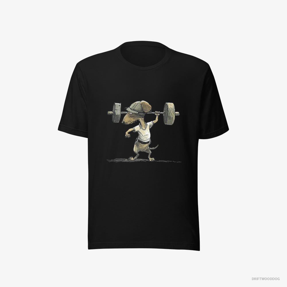 Dachshund T-Shirt – Women Black T-Shirt Eco-Friendly – Deadlifting in a Gym (on White Background)