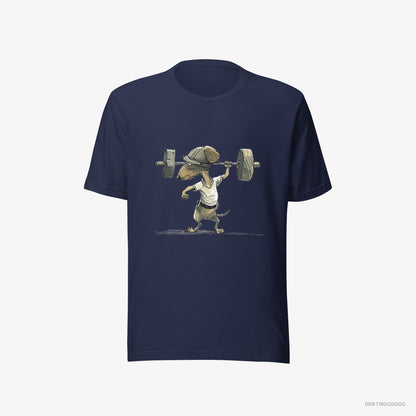 Dachshund T-Shirt – Men Navy T-Shirt Eco-Friendly – Deadlifting in a Gym (on White Background)