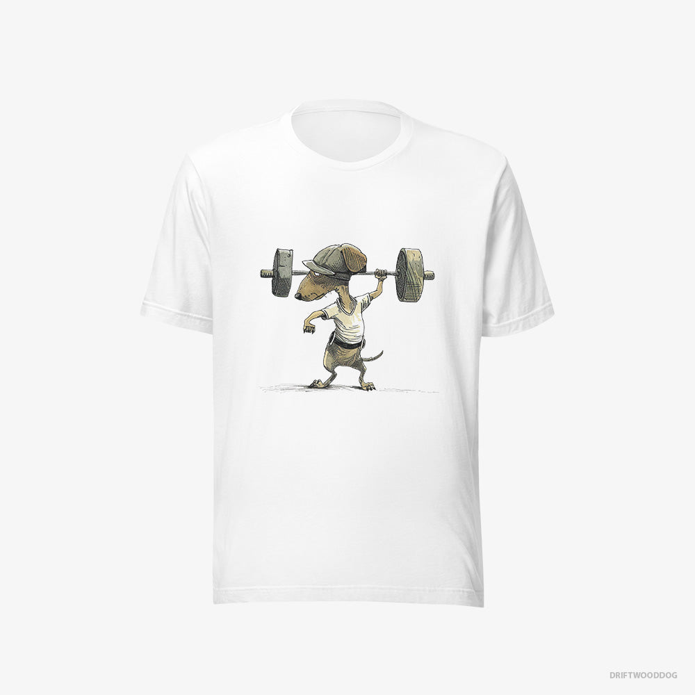 Dachshund T-Shirt – Men White T-Shirt Eco-Friendly – Deadlifting in a Gym (on White Background)