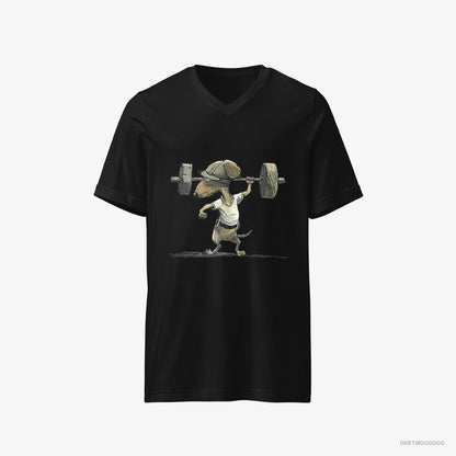 Dachshund T-Shirt – Men Black T-Shirt V-Neck – Deadlifting in a Gym (on White Background)