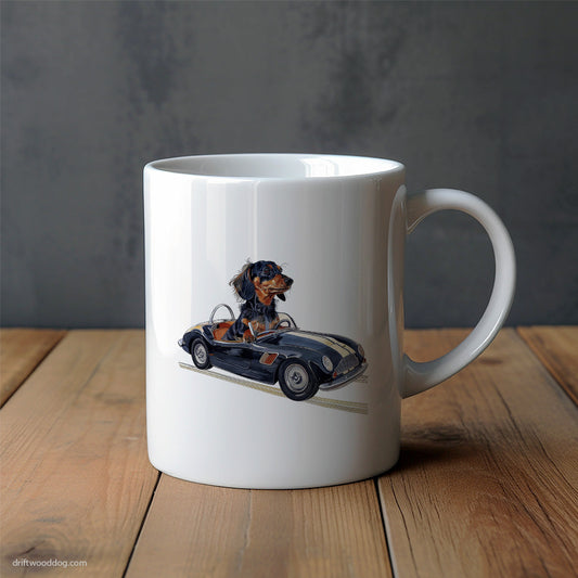 Dachshund in a Retro Sports Car Mug – Unique Dog Cups | Dog-Themed Mugs