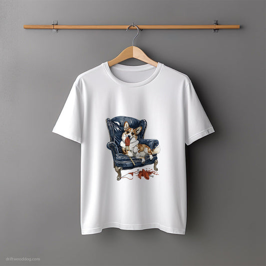 Corgi Trying to Knit in a Chair T-Shirt – Unisex Tee for Dog Lovers