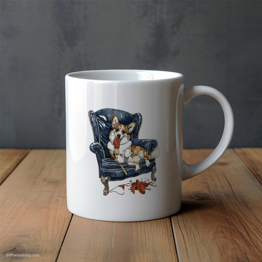 Corgi Trying to Knit in a Chair Mug – Unique Dog Cups | Dog-Themed Mugs