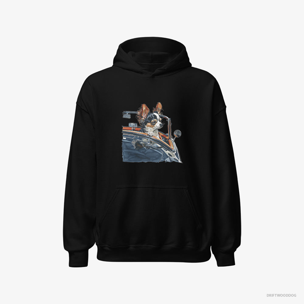 Chihuahua Hoodie – Men Black Hoodie Classic – Enjoying a Convertible Ride (on White Background)