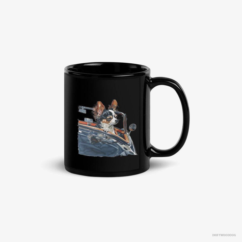 Chihuahua Mug – Unisex Black Mug Classic – Enjoying a Convertible Ride (on White Background)