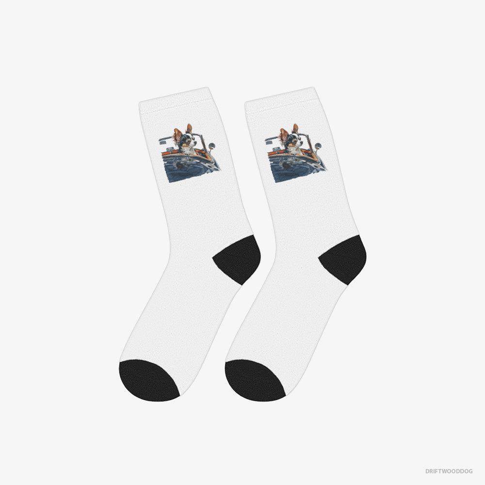 Chihuahua Socks – Unisex White Socks Classic – Enjoying a Convertible Ride (on White Background)