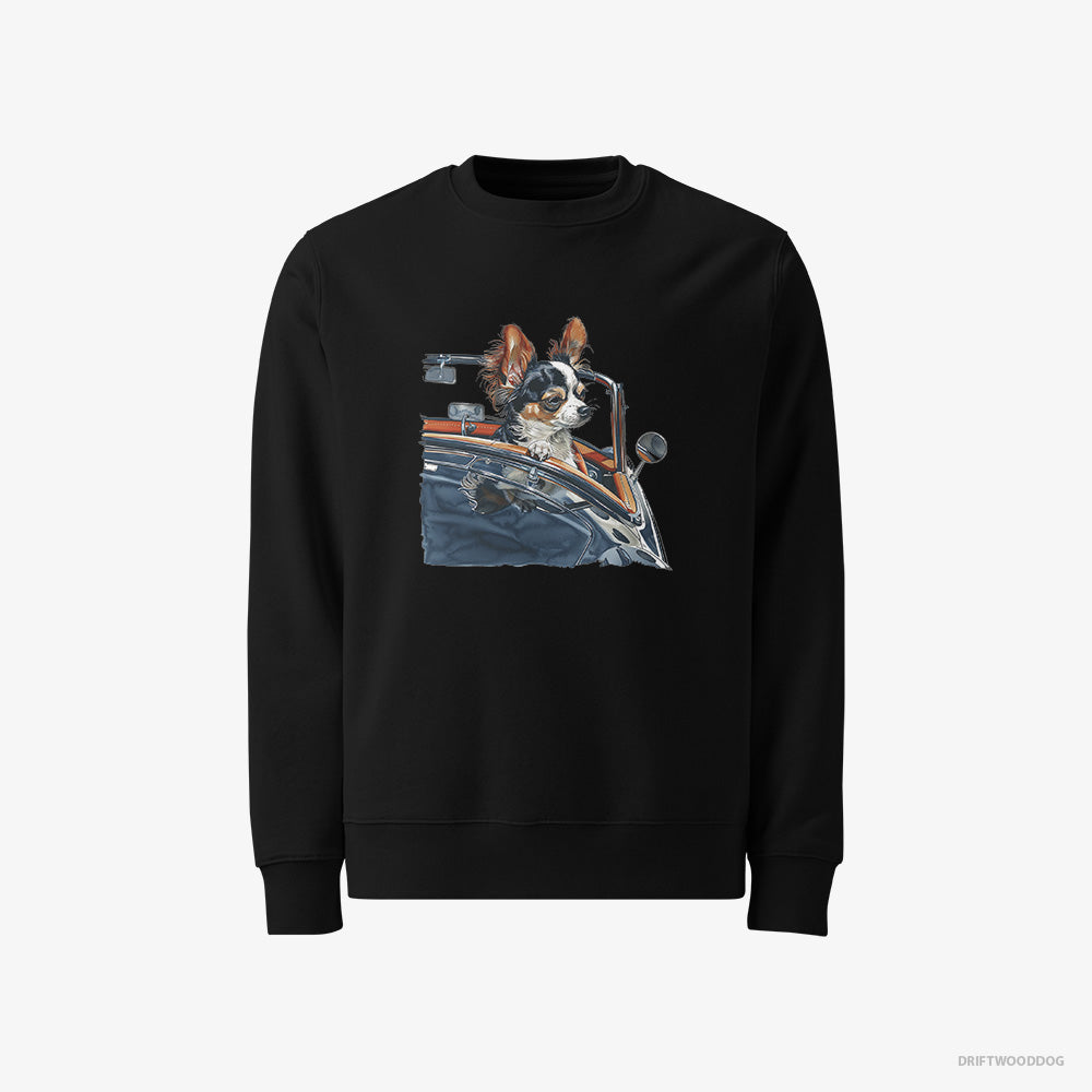 Chihuahua Sweatshirt – Men Black Sweatshirt Classic – Enjoying a Convertible Ride (on White Background)