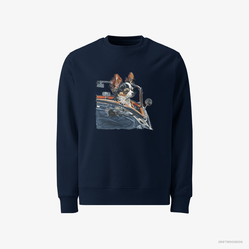 Chihuahua Sweatshirt – Men Navy Sweatshirt Classic – Enjoying a Convertible Ride (on White Background)