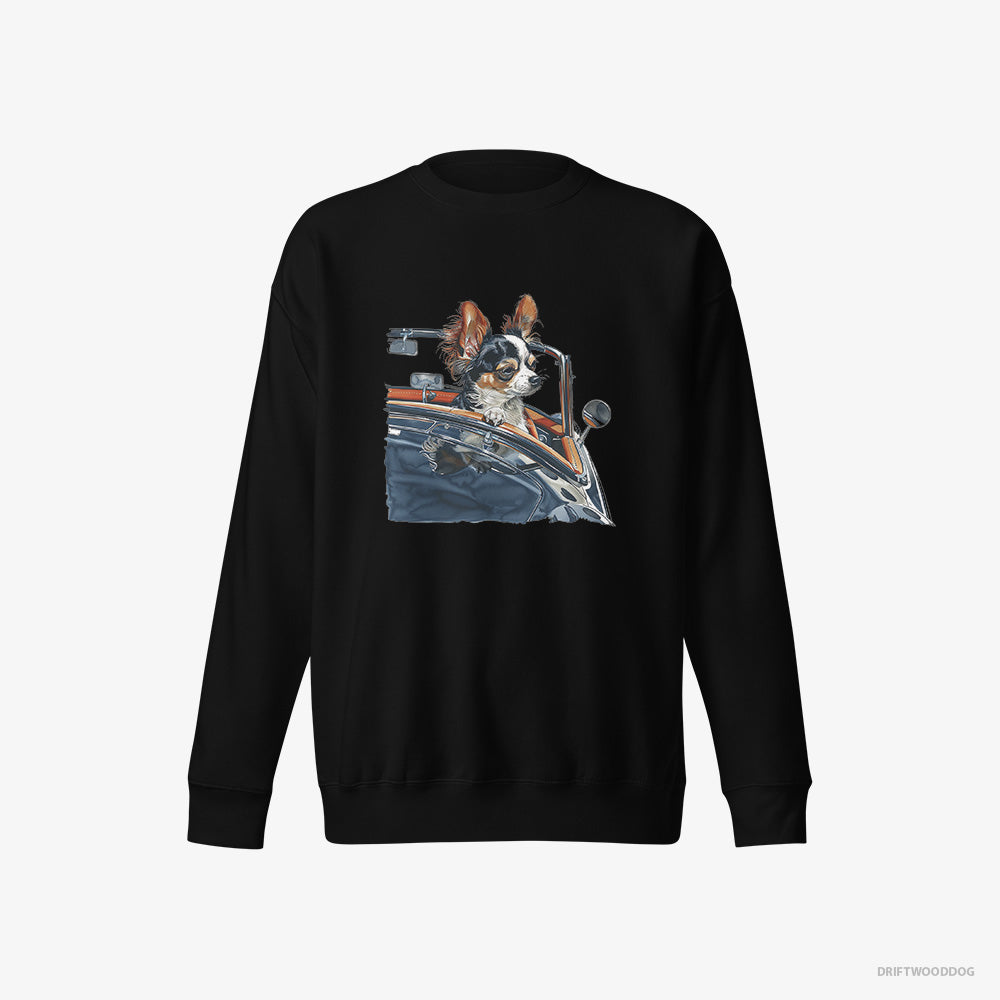 Chihuahua Sweatshirt – Women Black Sweatshirt Eco-Friendly – Enjoying a Convertible Ride (on White Background)