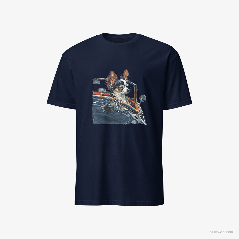 Chihuahua T-Shirt – Men Navy T-Shirt Classic – Enjoying a Convertible Ride (on White Background)