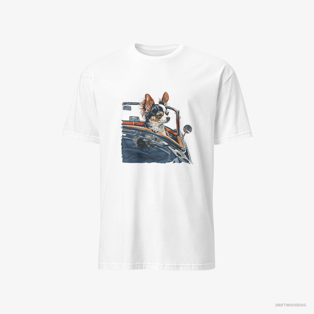 Chihuahua T-Shirt – Men White T-Shirt Classic – Enjoying a Convertible Ride (on White Background)