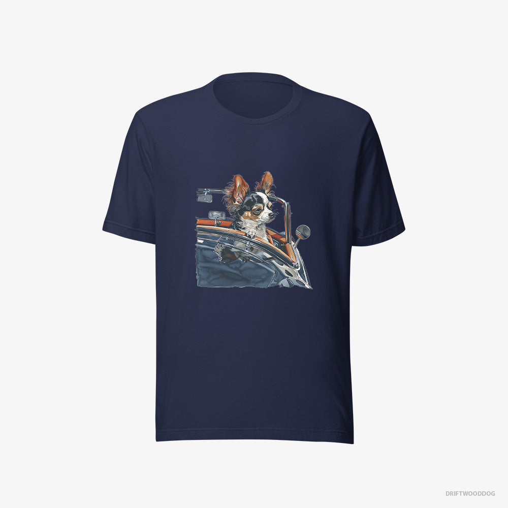 Chihuahua T-Shirt – Men Navy T-Shirt Eco-Friendly – Enjoying a Convertible Ride (on White Background)