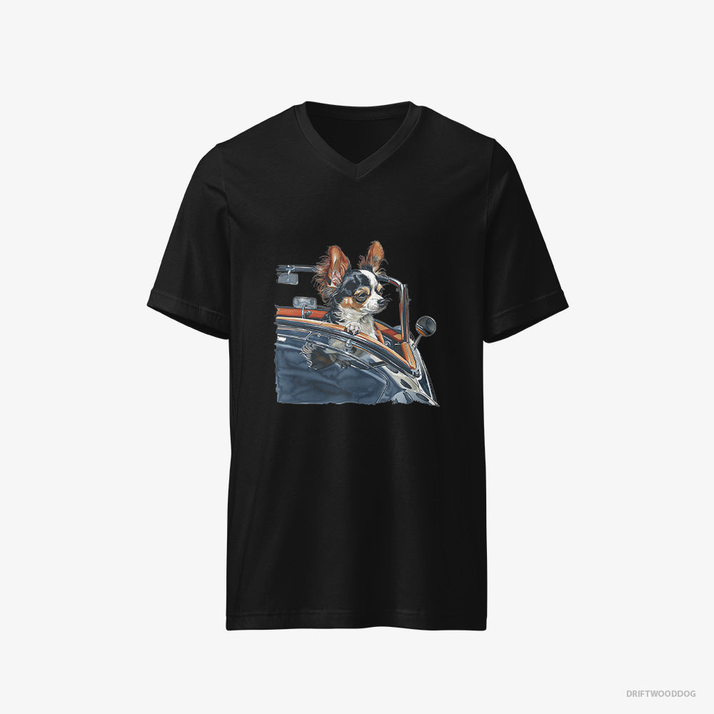 Chihuahua T-Shirt – Men Black T-Shirt V-Neck – Enjoying a Convertible Ride (on White Background)