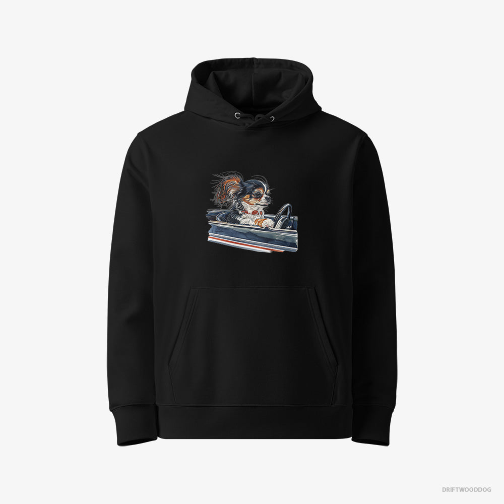 Chihuahua Hoodie – Women Black Hoodie Eco-Friendly – in a Classic Muscle Car (on White Background)