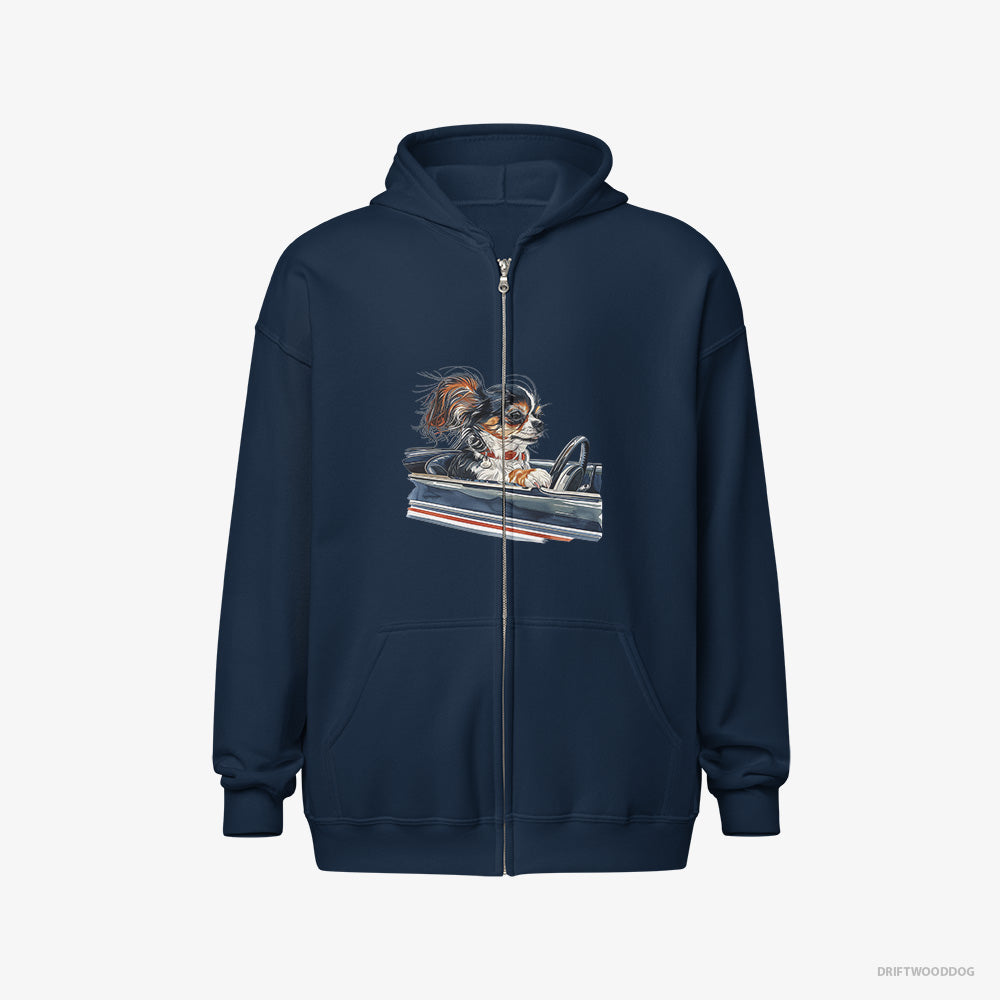 Chihuahua Hoodie – Men Navy Hoodie Full-Zip – in a Classic Muscle Car (on White Background)