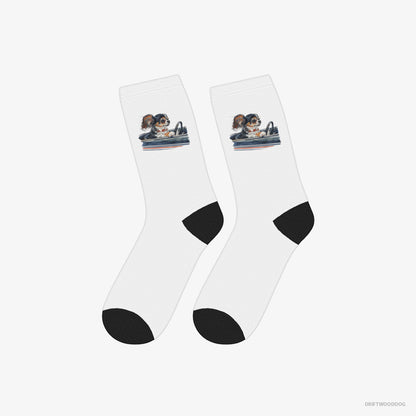 Chihuahua Socks – Unisex White Socks Classic – in a Classic Muscle Car (on White Background)