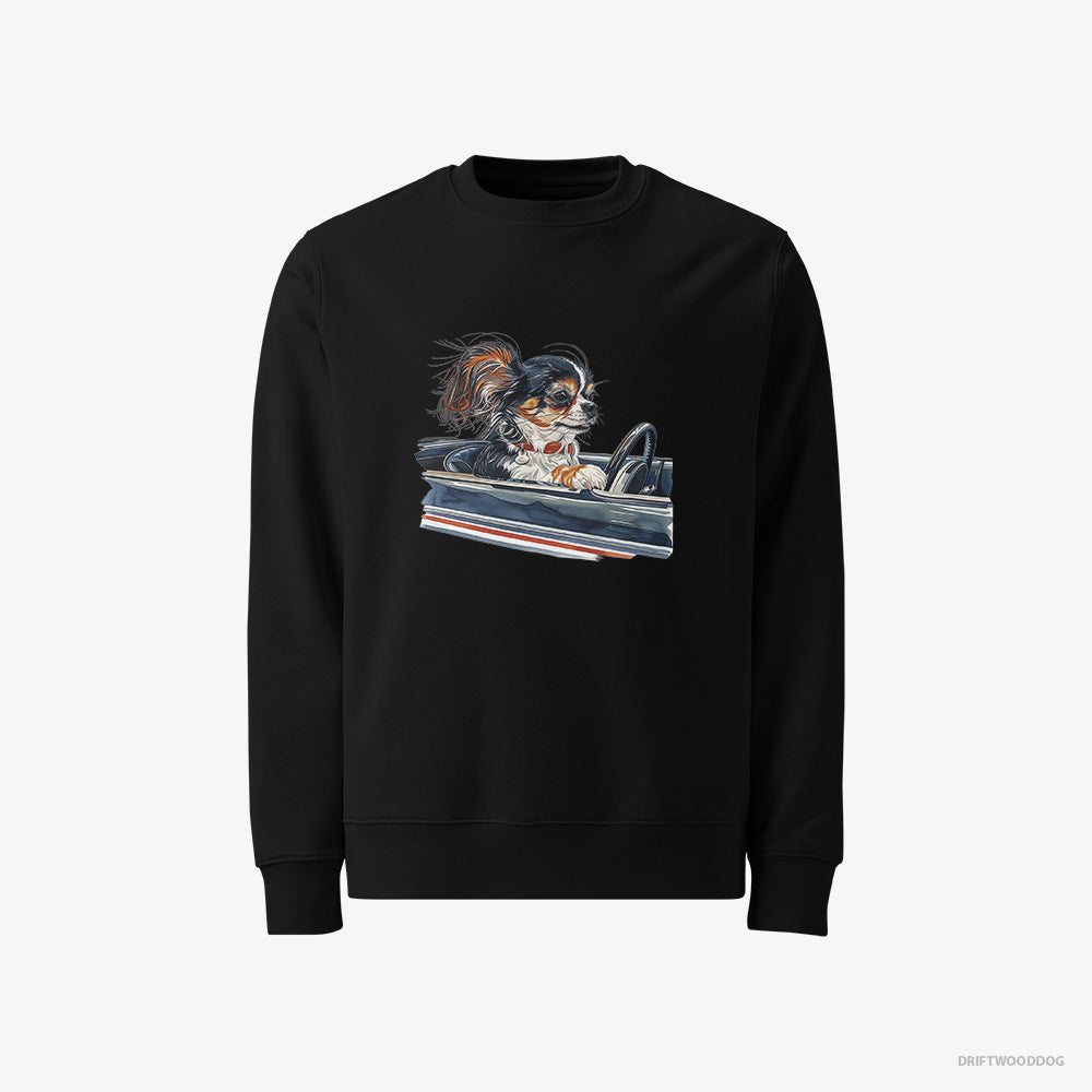 Chihuahua Sweatshirt – Men Black Sweatshirt Classic – in a Classic Muscle Car (on White Background)