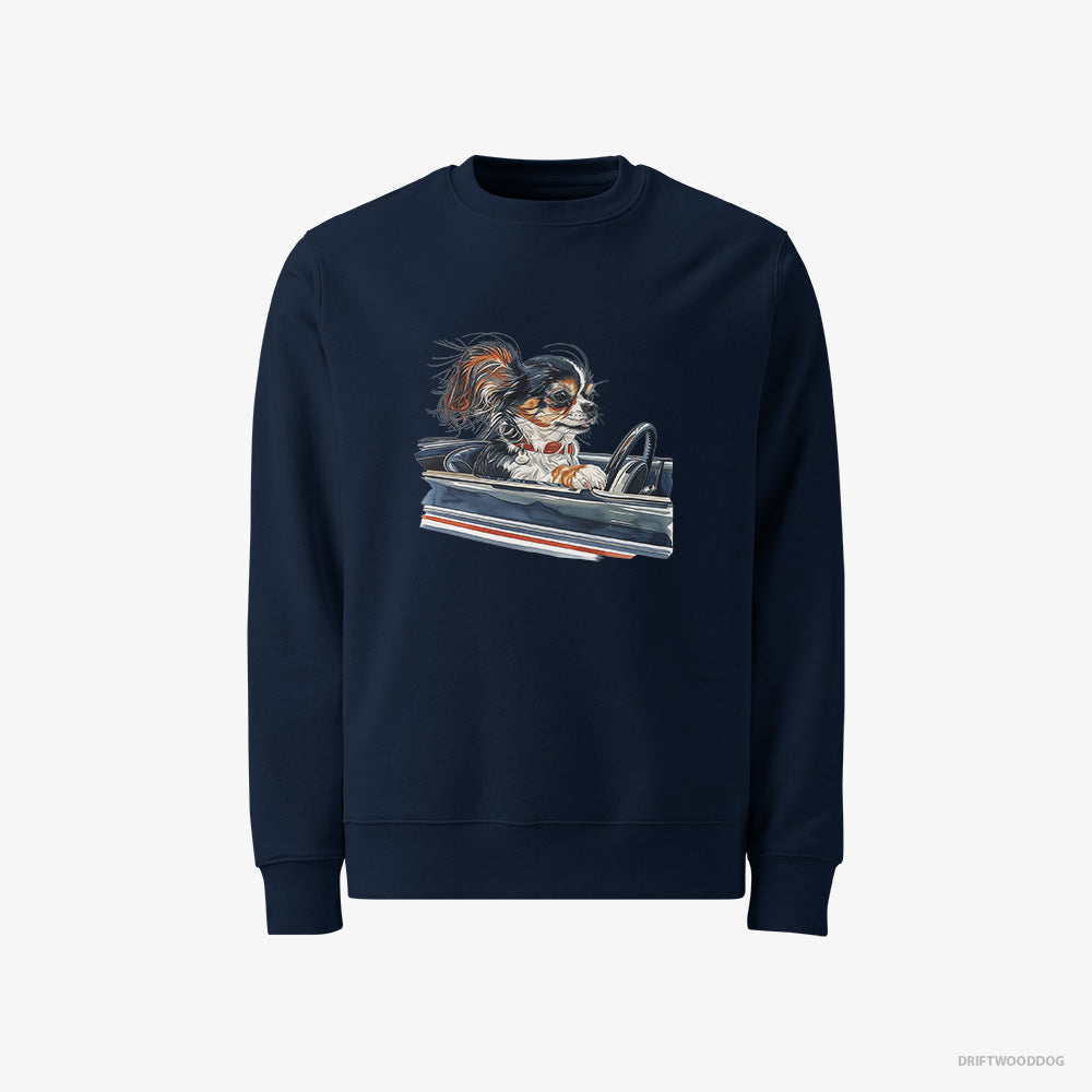 Chihuahua Sweatshirt – Men Navy Sweatshirt Classic – in a Classic Muscle Car (on White Background)