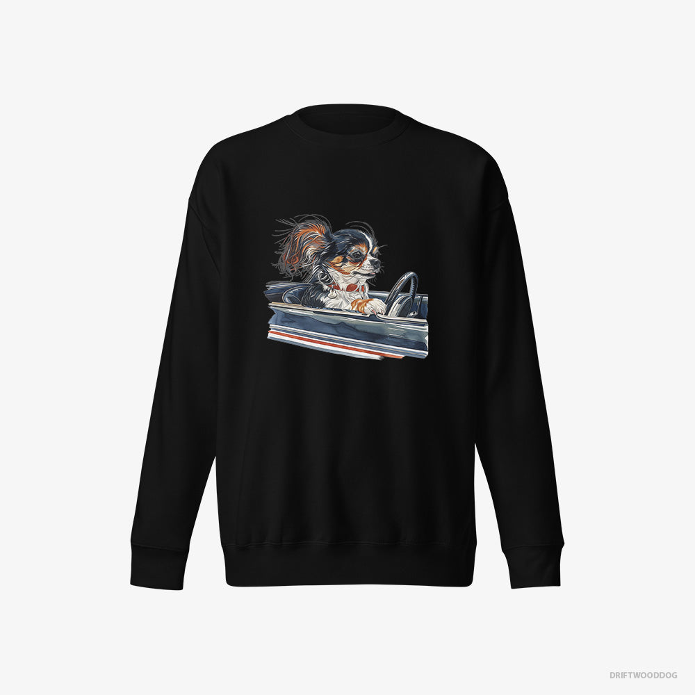 Chihuahua Sweatshirt – Men Black Sweatshirt Eco-Friendly – in a Classic Muscle Car (on White Background)