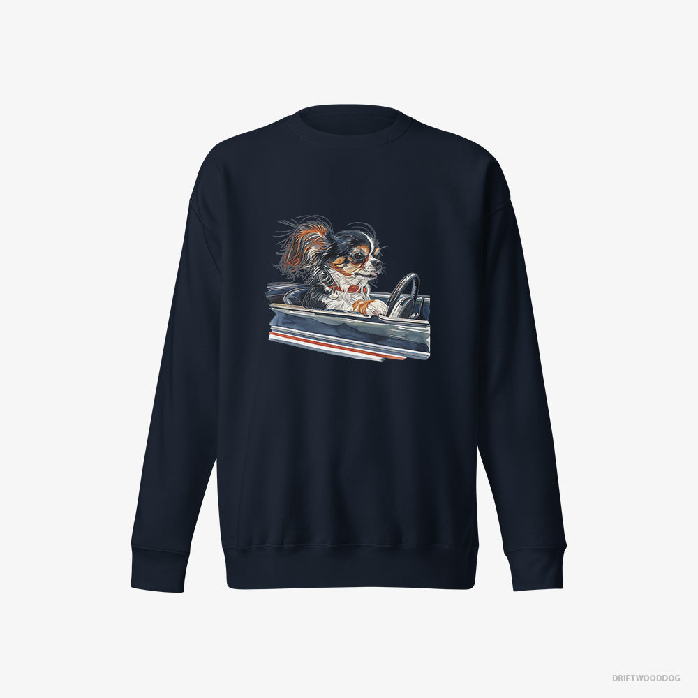 Chihuahua Sweatshirt – Men Navy Sweatshirt Eco-Friendly – in a Classic Muscle Car (on White Background)