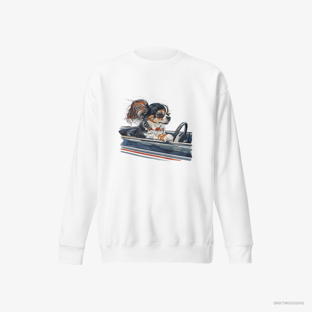 Chihuahua Sweatshirt – Men White Sweatshirt Eco-Friendly – in a Classic Muscle Car (on White Background)