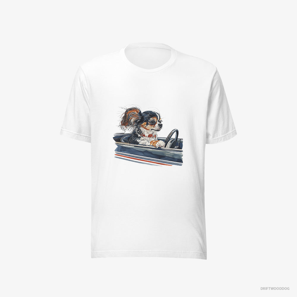 Chihuahua T-Shirt – Women White T-Shirt Eco-Friendly – in a Classic Muscle Car (on White Background)