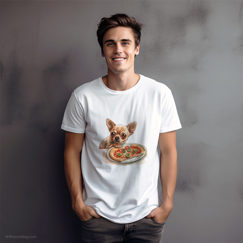 Chihuahua Stealing a Slice of Pizza T-Shirt – Dog Graphic Tee for Men