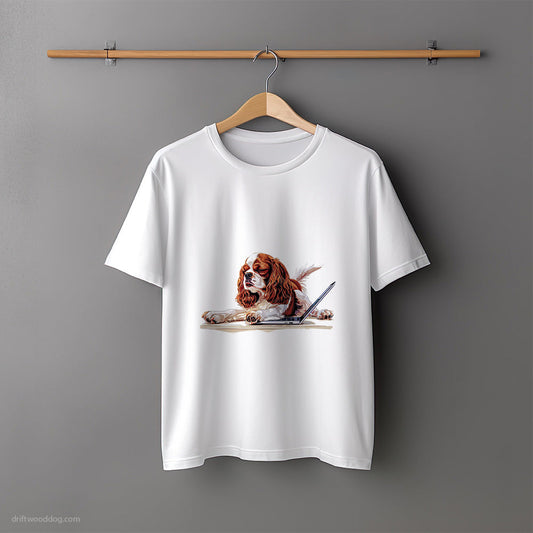 Cavalier King Charles Spaniel Relaxing on a Computer T-Shirt – Unisex Tee for Dog Lovers