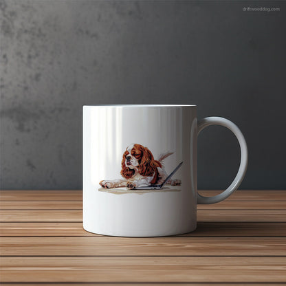 Cavalier King Charles Spaniel Relaxing on a Computer Mug – Funny Dog Coffee Mugs | Quirky Canine Drinkware