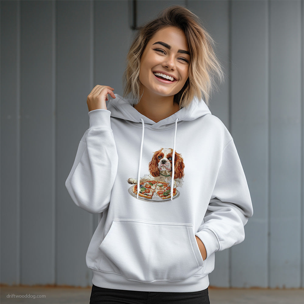 Cavalier King Charles Spaniel Trying to Bite Pizza Hoodie – Dog Graphic Hoodie for Women