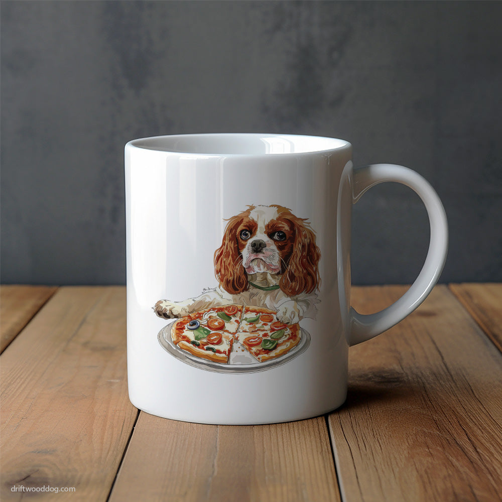 Cavalier King Charles Spaniel Trying to Bite Pizza Mug – Unique Dog Cups | Dog-Themed Mugs