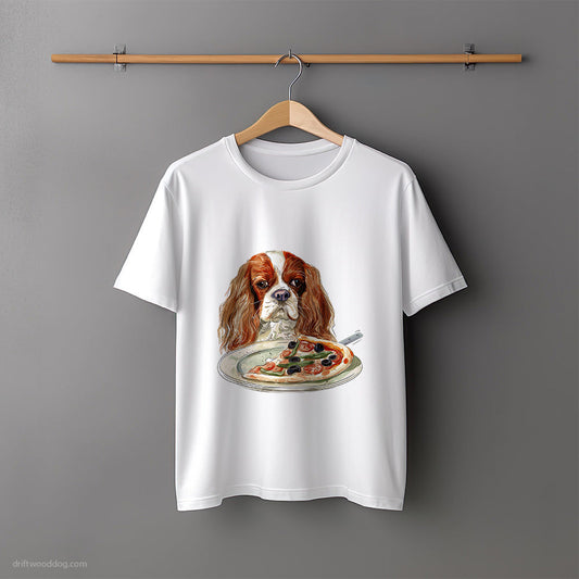 Cavalier King Charles Spaniel Staring at a Pizza T-Shirt – Unisex Tee for Dog Lovers