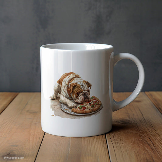 Bulldog Guarding a Pizza from Others Mug – Unique Dog Cups | Dog-Themed Mugs