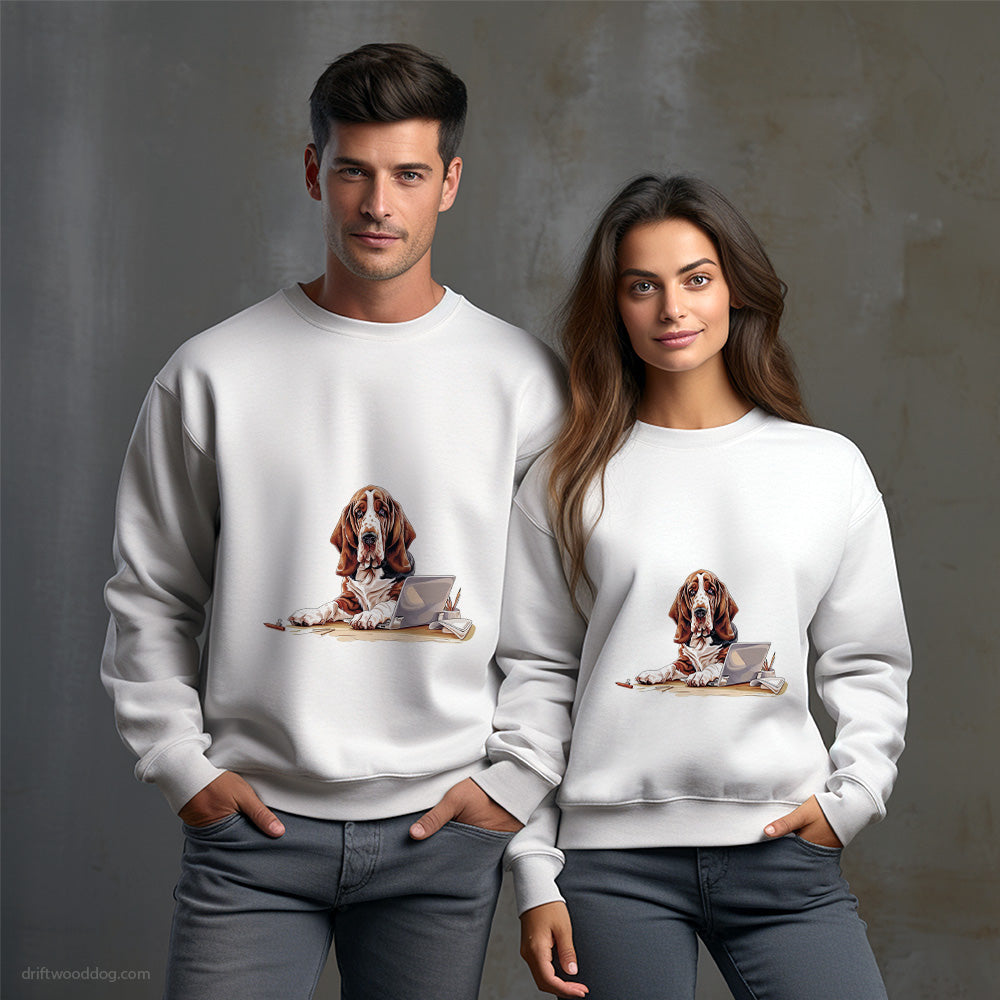 Basset Hound Designing on a Laptop Sweatshirt – Unisex Sweatshirt for Dog Owners