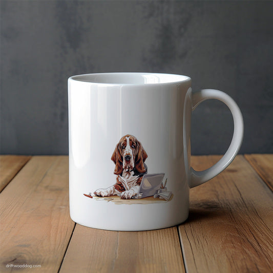 Basset Hound Designing on a Laptop Mug – Unique Dog Cups | Dog-Themed Mugs