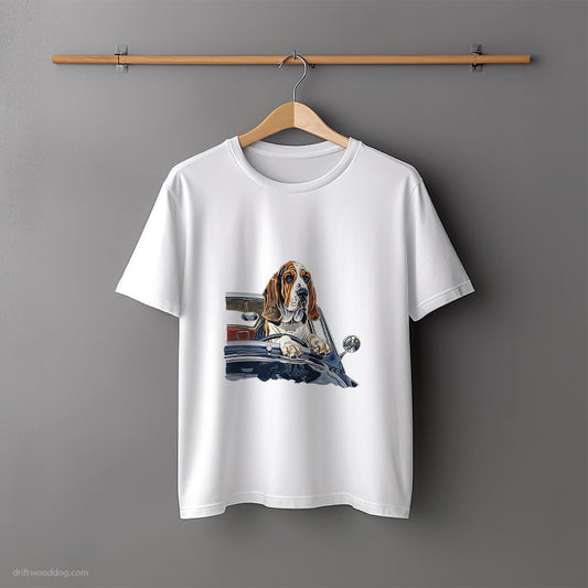 Basset Hound Driving a Vintage Sports Car T-Shirt – Unisex Tee for Dog Lovers