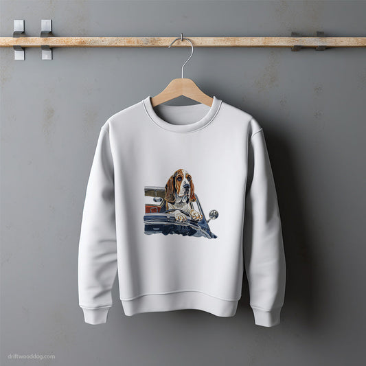 Basset Hound Driving a Vintage Sports Car Sweatshirt – Unisex Sweatshirt for Dog Lovers