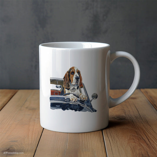 Basset Hound Driving a Vintage Sports Car Mug – Unique Dog Cups | Dog-Themed Mugs