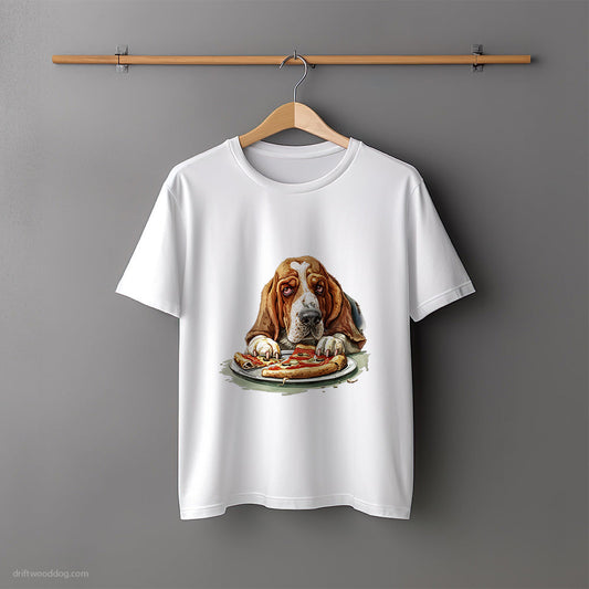 Basset Hound Trying to Steal a Slice of Pizza T-Shirt – Unisex Tee for Dog Lovers