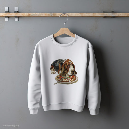 Basset Hound Sniffing a Pizza Sweatshirt – Unisex Sweatshirt for Dog Lovers