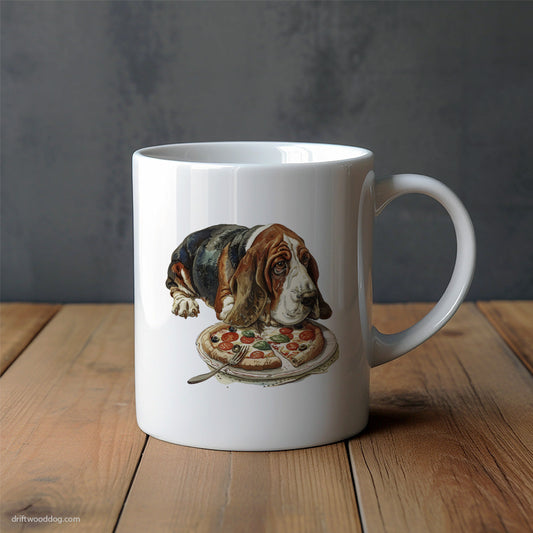 Basset Hound Sniffing a Pizza Mug – Unique Dog Cups | Dog-Themed Mugs