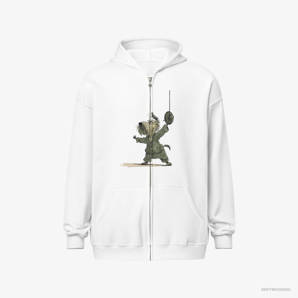 Yorkshire Terrier Hoodie – Men White Hoodie Full-Zip – Powerlifting Pro (on White Background)