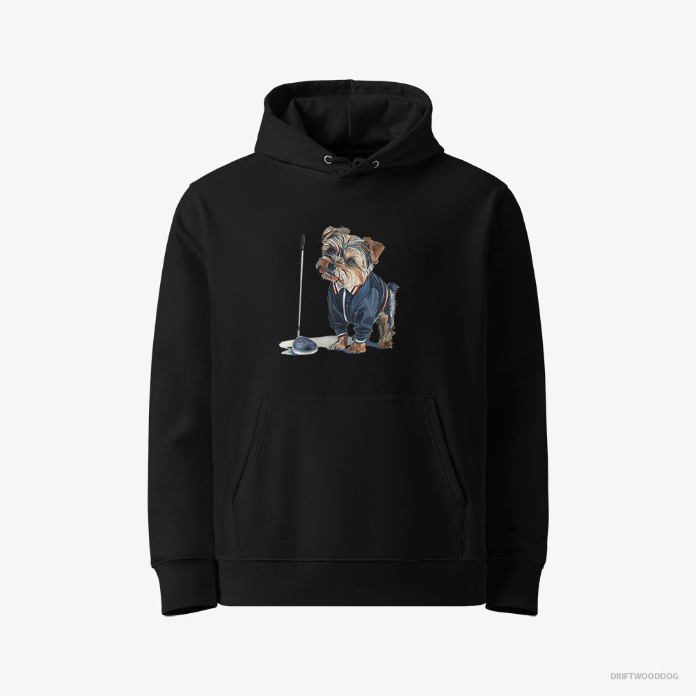 Yorkshire Terrier Hoodie – Women Black Hoodie Eco-Friendly – in the Golf Zone (on White Background)