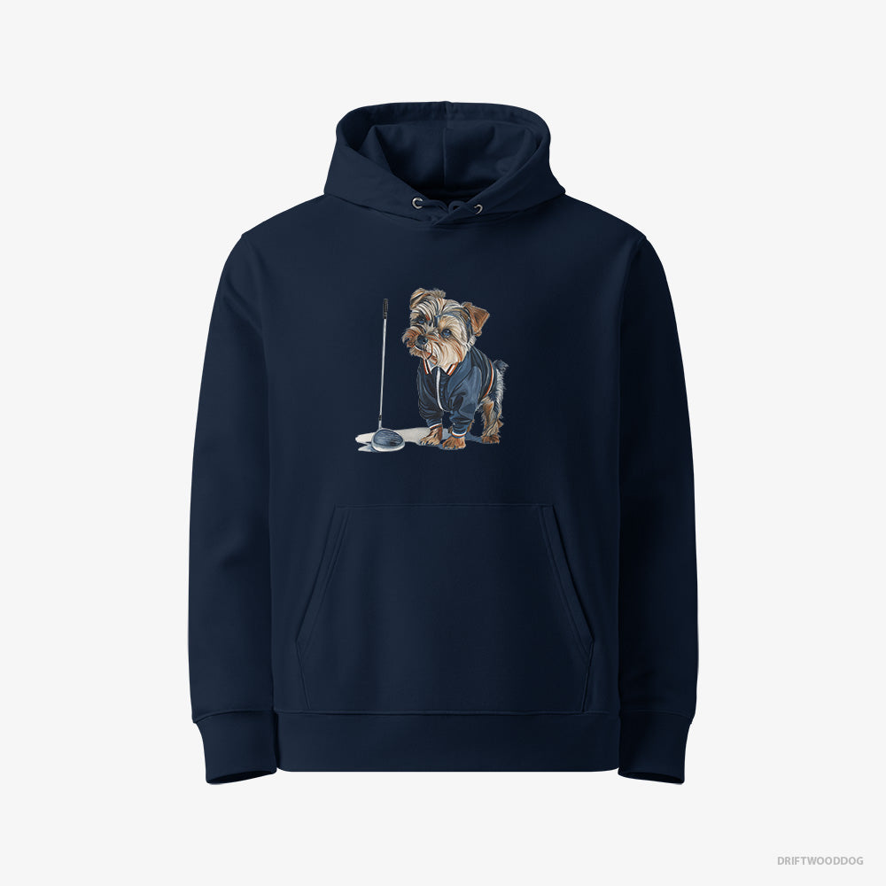 Yorkshire Terrier Hoodie – Men Navy Hoodie Eco-Friendly – in the Golf Zone (on White Background)